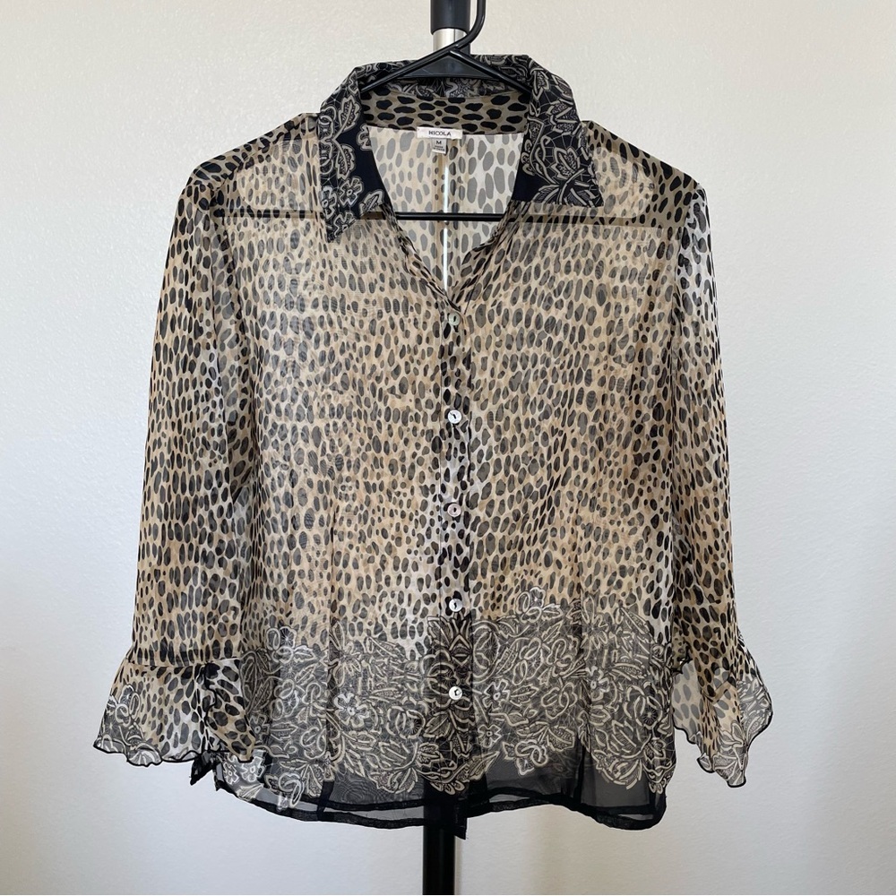 Nicola Sheer Leopard Print Long Sleeve Blouse Medium